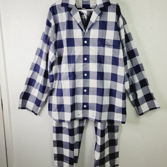 Hastens Navy Blue White Unisex Sz XL Check Long Sleeve Pajama Set Cotton Satin - Picture 1 of 12